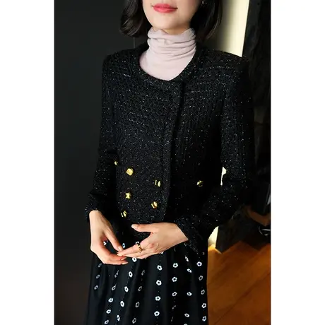 2023秋冬新款小香风优雅气质双排扣亮丝粗花呢羊毛混纺短外套上衣图片