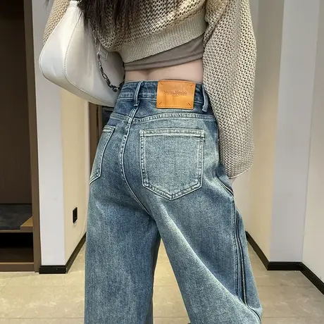直筒牛仔裤女春季2024年新款窄版阔腿裤小个子高腰显瘦宽松烟管裤商品大图