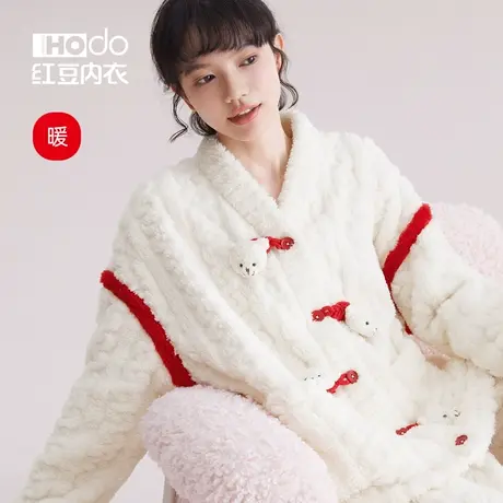 红豆女士睡衣泡泡绒冬季保暖居家可外穿法兰绒套头加厚家居服套装商品大图
