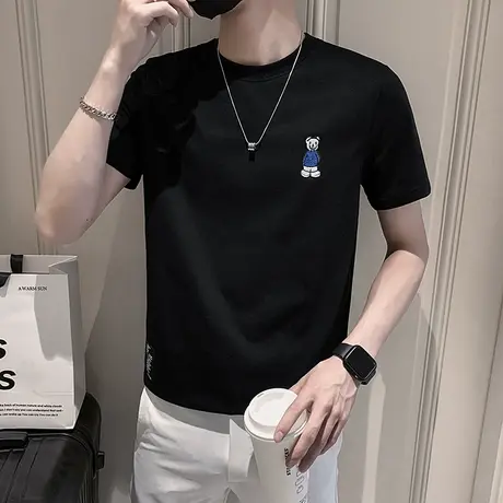 夏季男士t恤男装短袖半袖修身简约刺绣小熊潮流纯色潮牌休闲体恤商品大图