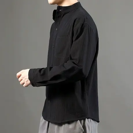 黑色立领衬衫男长袖港风潮流休闲寸衫2020新款男士宽松白衬衣外套商品大图