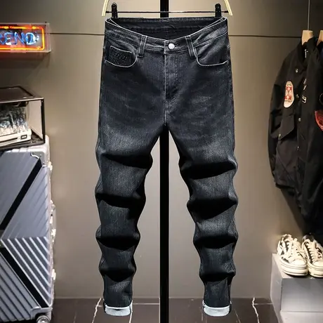 高端牛仔裤男新款修身小脚男裤春秋款弹力秋季裤子男直筒宽松百搭商品大图