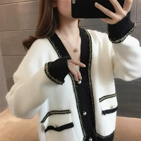开衫女2023春秋新款韩版宽松V领针织衫女士百搭上衣纽扣毛衣长袖商品大图