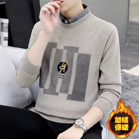 毛衣男士假两件衬衫领个性潮牌男装秋冬季青年加绒加厚针织打底衫图片
