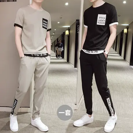 夏季男士短袖t恤套装冰丝2025新款休闲 夏天潮流男装一套帅气搭配图片