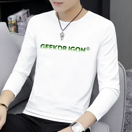 莫代尔白色长袖t恤男修身潮流圆领上衣服打底衫印花体恤内搭秋衣图片