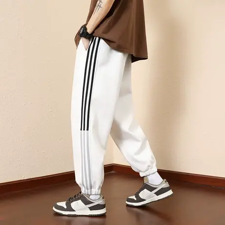 白色卫裤男夏季新款美式宽松束脚运动裤男青少年潮牌条纹休闲裤子商品大图
