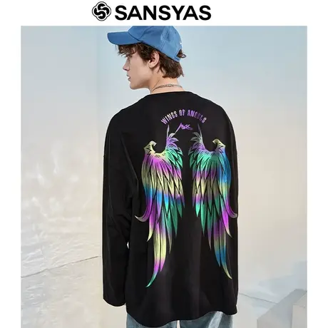 木村三社SANSYAS 美式反光翅膀纯棉圆领长袖t恤 男春秋季打底衫图片