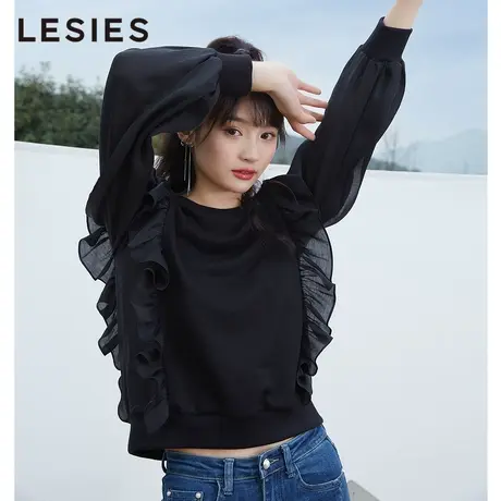 蓝色倾情春秋新款女装黑色圆领套头木耳边拼接甜美针织卫衣图片