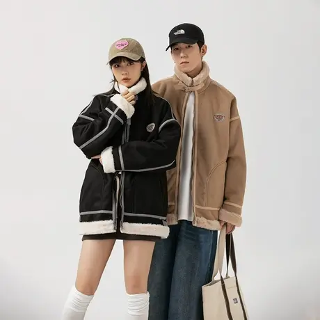 复古机车风立领保暖棉服女冬季加厚羊羔毛外套新款情侣装宽松棉衣商品大图