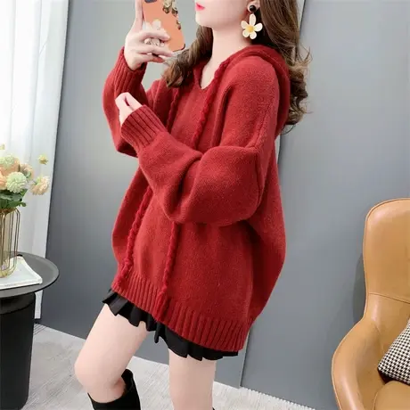 新年红色连帽套头毛衣女2023新款秋冬宽松慵懒风软糯加厚百搭上衣图片