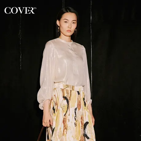 COVER秋季落肩马蹄袖真丝金皮衬衫图片
