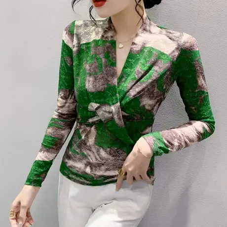 欧货网纱上衣女长袖2024春秋新款撞色印花V领T恤性感修身气质小衫商品大图