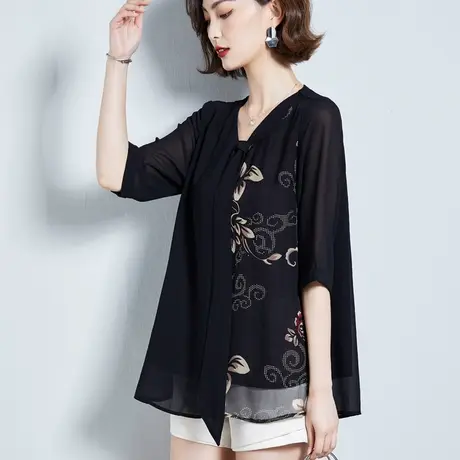 洋气减龄上衣短袖雪纺衫女夏碎花2023新款国风宽松大码胖mm遮肚子商品大图