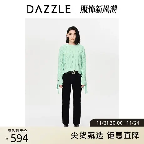 DAZZLE地素 奥莱春季灰蒙绿流苏套头针织衫毛衣女商品大图