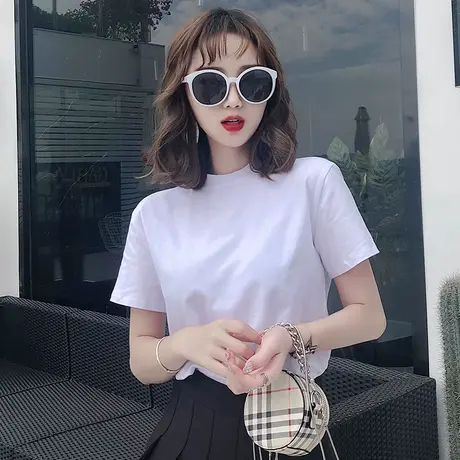 白色半高领短袖t恤女夏季2025新款纯棉半袖宽松正肩体恤上衣ins潮商品大图
