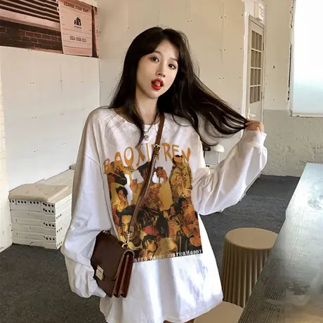 秋冬冬2022新款宽松新潮印花长袖T恤女士上衣打底衫长袖宽松百搭图片