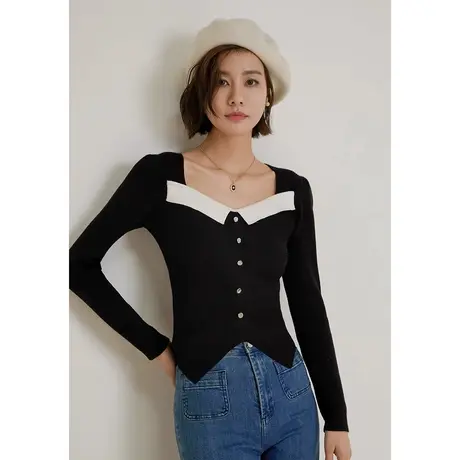 弥古法式小香风撞色针织衫女修身方领不规则上衣秋冬洋气打底内搭商品大图