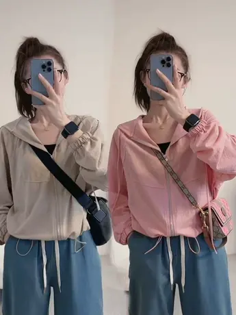 连帽短外套女2023春新款休闲小个子薄款百搭洋气连帽防晒开衫上衣商品大图