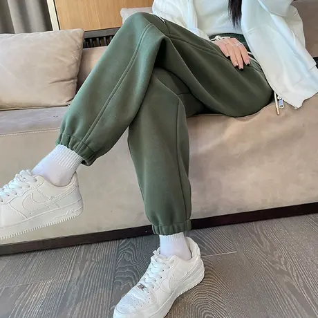 加绒军绿色运动裤女秋冬新款高腰宽松显瘦加厚美式休闲束脚卫裤潮商品大图