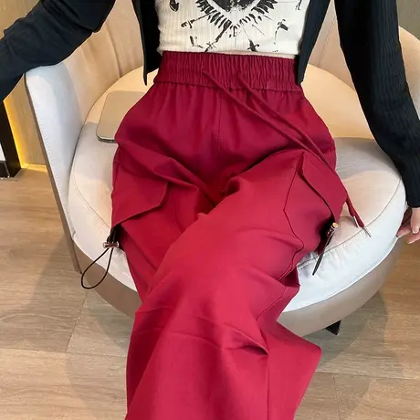 红色工装裤女秋季新款宽松直筒阔腿裤松紧腰束脚休闲美式运动裤子图片