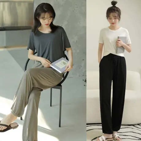 冰丝休闲裤女夏季薄款宽松直筒裤显瘦垂感大码九分束脚松紧腰抽绳图片