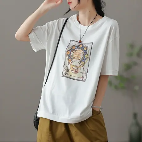 dza复古纯棉圆领薄款短袖t恤女士夏季2022新款宽松打底衫短款上衣商品大图