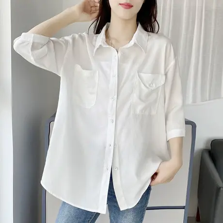 2021夏季新五分袖天丝棉牛仔衬衫女韩国定制半袖薄款宽松纯色衬衣图片