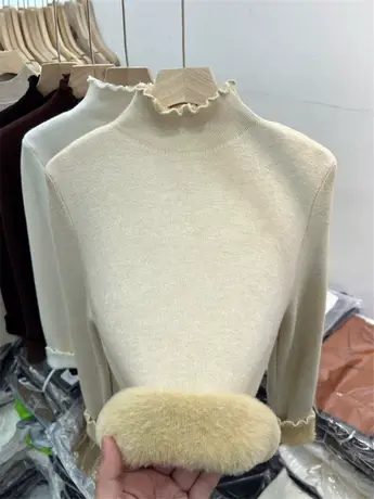 木耳边半高领一体绒针织衫加绒加厚T恤上衣女冬季新款软糯打底衫图片