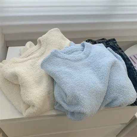 仿水貂绒圆领套头长袖毛衣女冬季加厚中长款天蓝色宽松大码针织衫图片