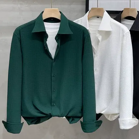 肌理提花秋季白色衬衫男长袖休闲痞帅韩版修身轻熟高级感男士衬衣商品大图