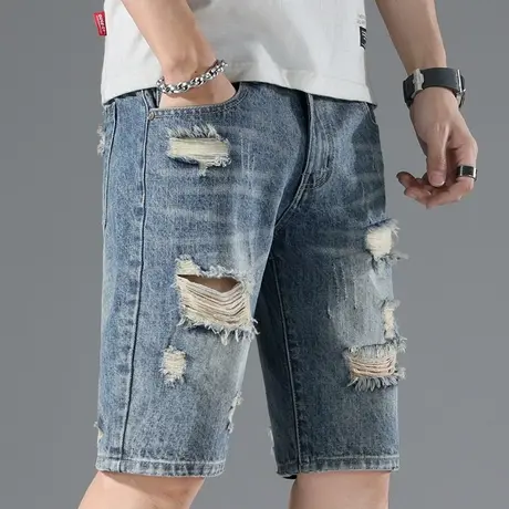 破洞乞丐牛仔短裤男士宽松休闲中裤子夏季薄款痞帅男裤大裤衩外穿商品大图