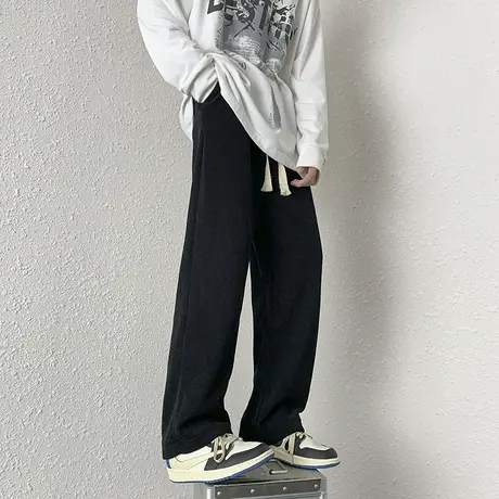 手工编织抽绳卫裤男宽松直筒阔腿裤潮流秋冬季加绒加厚休闲长裤子商品大图