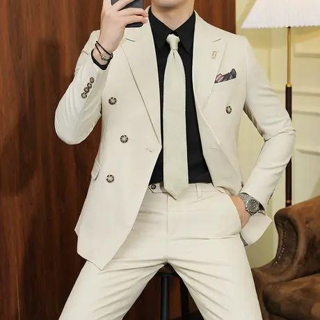 意式戗驳领布雷泽双排扣西服男气质垂感外套休闲痞帅新郎结婚礼服商品大图