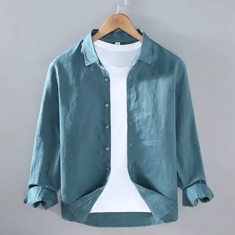 萨法瑞亚麻衬衫男长袖夏季纯色男士衬衫休闲翻领衬衣白色宽松上衣图片