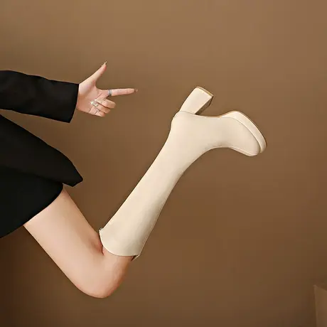 高跟长筒靴女小个子2023新款复古V口瘦瘦粗跟不过膝高筒骑士靴子图片