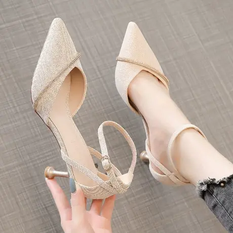 法式性感一字带水钻高跟鞋女2024新款春季小清新尖头细跟中空单鞋图片