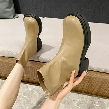 高跟短靴女粗跟2024秋冬新款气质英伦风显瘦短筒靴圆头百搭瘦瘦靴图片