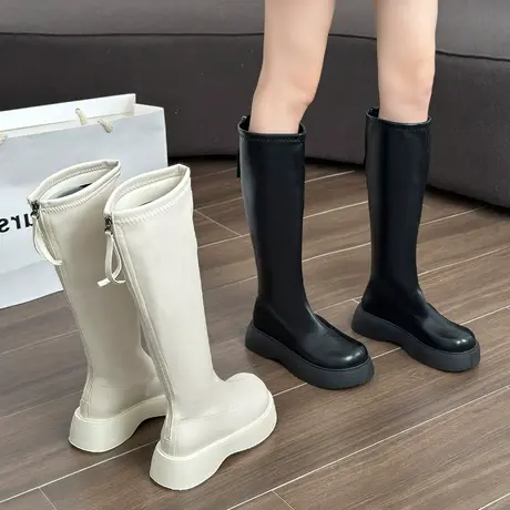 黑色厚底小个子长筒长靴女鞋2023年新款中筒高筒骑士春秋季单靴子图片