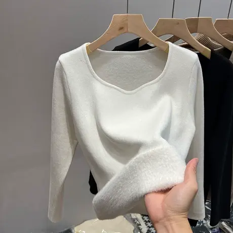 低领打底衫女秋冬季新款加绒保暖衣加厚一体绒皮草内搭方领上衣服图片