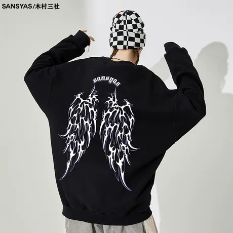 木村三社SANSYAS 翅膀2023新款加绒卫衣vintage秋冬溜肩圆领上衣商品大图