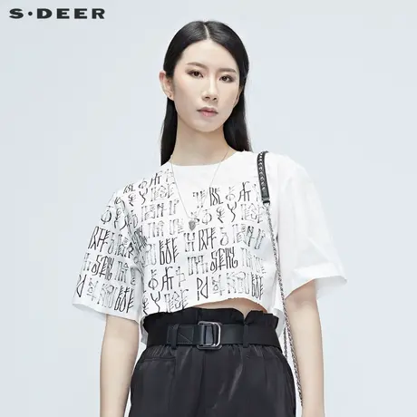 sdeer圣迪奥夏季女装抽象涂鸦白色短款宽松衬衫S20280421图片