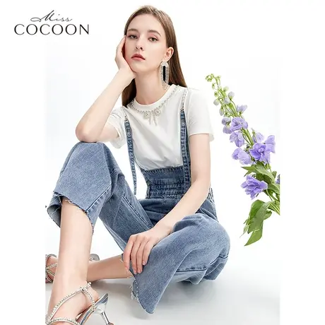 missCOCOON直筒裤2023夏新款女装休闲时尚宽松珍珠背带牛仔裤潮商品大图