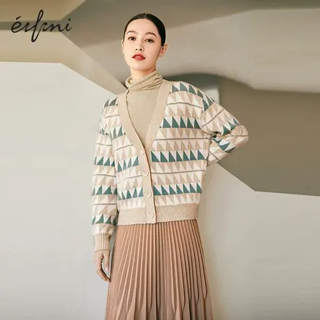 【商场同款】伊芙丽2021冬季新款宽松v领针织开衫外套女1CB233491商品大图