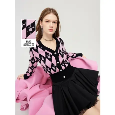 【秋上新】missCOCOON法式开衫上衣2023秋装新款女格子长袖针织衫图片