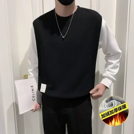 轻熟风假两件卫衣男秋冬新款ins纯色休闲穿搭高级感加绒打底上衣商品大图