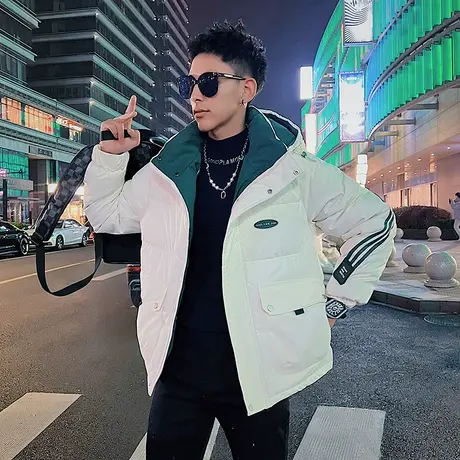 连帽工装棉服男冬季2023新款拼色设计感冬款潮牌个性条纹棉衣外套商品大图