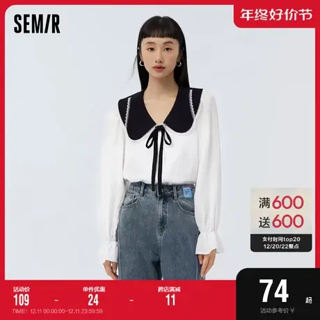 森马长袖衬衫女撞色温柔甜美风2023春季新款少女感大翻领肌理衬衣图片