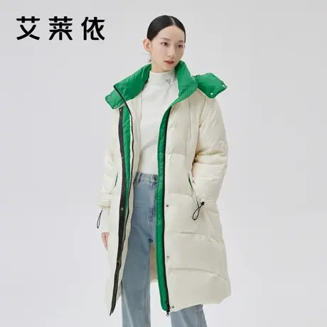 艾莱依撞色羽绒服女士新款时尚宽松连帽冬季长款防风抗寒加厚外套商品大图
