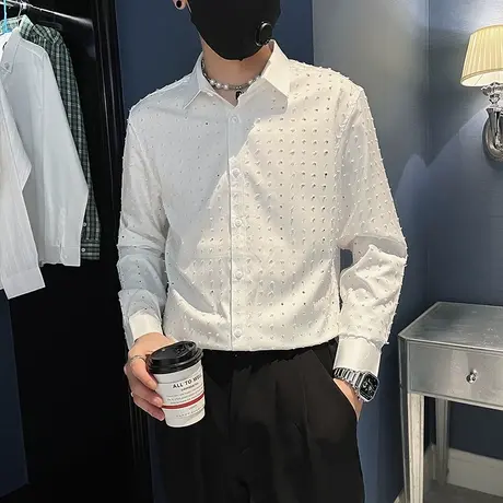 春秋季新款男高级感商务休闲个性破洞长袖衬衫时尚发型师衬衣男装图片